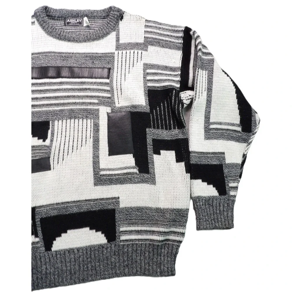 VTG Ashley Knit Sweater Men L Gray Black Abstract Geometric Leather Trim USA 90s